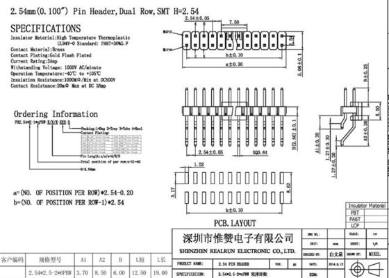 Pin horizontal PA6T de SMD 1000VAC PA6T Pin Header Gold Flash 36