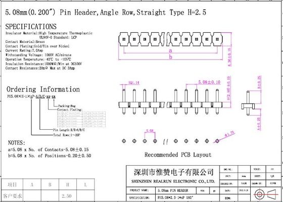 La sola fila Pin Header UL94V-0 del SGS estañó al tablero de PBT LCP para subir al conector